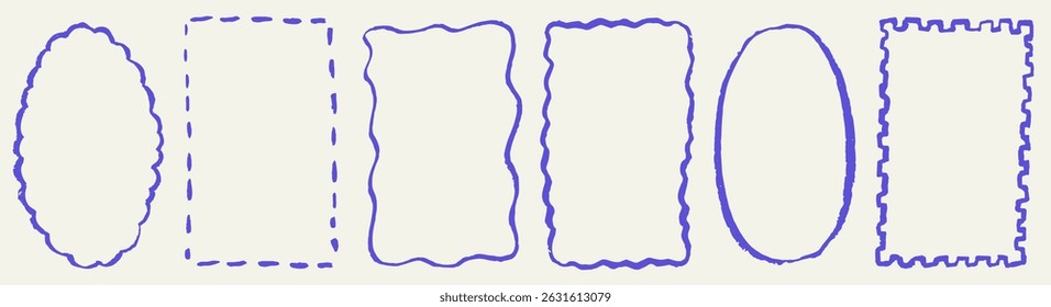 Chalk or charcoal frames for greeting cards, wedding and birthday party, picnic invitations in marine Mediterranean sea coastal style. Hand drawn ornament borders for stamp decoration template.