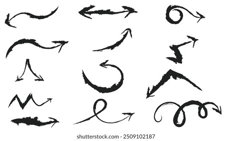 Chalk charcoal hand drawn arrow doodle collection in thin black stokes isolated on white background