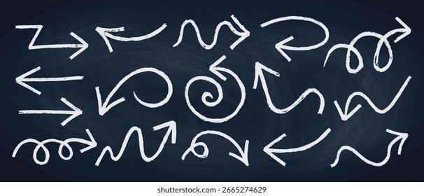 Conjunto de Ilustración vectorial de flecha de línea de doodle de grunge sucio rústico de tiza o carbón. Dibujado a mano de carbón en negrita o curva de crayón tosco doodle flecha elemento de diseño de colección.