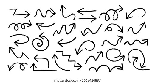 Conjunto de Ilustración vectorial de flecha de línea de doodle de grunge sucio rústico de tiza o carbón. Dibujado a mano de carbón en negrita o curva de crayón tosco doodle flecha elemento de diseño de colección.