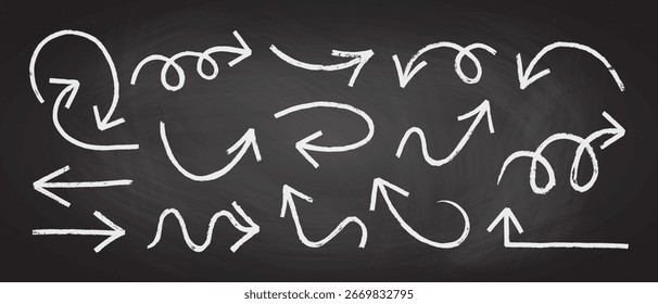 Chalk or charcoal rustic dirty grunge doodle line arrow vector illustration set. Hand drawn bold charcoal or crayon curve rough doodle arrow design element collection.