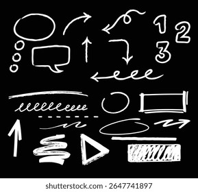 Chalk and charcoal. A set of vector brushstrokes. A high resolution. Stored in the palette. Designed for registration of various design projects: posters, banners, Arrow crayon brush doodle chalk line