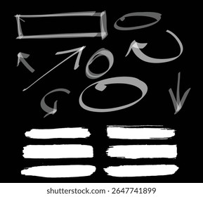 Chalk and charcoal. A set of vector brushstrokes. A high resolution. Stored in the palette. Designed for registration of various design projects: posters, banners, Arrow crayon brush doodle chalk line
