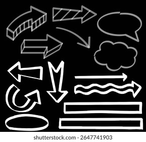 Chalk and charcoal. A set of vector brushstrokes. A high resolution. Stored in the palette. Designed for registration of various design projects: posters, banners, Arrow crayon brush doodle chalk line