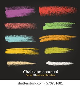 Chalk and charcoal. A set of vector brushstrokes. Paint spots. Grunge texture. Brushes are stored in the palette. Designed for registration of various design projects: posters, banners. Stock vector.