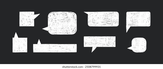 Chalk  chat messages collection. Crayon rectangular dialogue clouds in white color, grunge speech bubbles. Vector illustration 