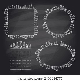 Chalk chess frames set on a chalkboard with chess figures and place for text and chess blank template, hand drawn vector illustration