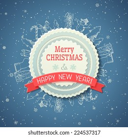 Chalk Christmas background. Badge in the center and chalk Christmas objects on blue background.