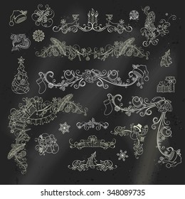 Chalk Christmas calligraphic design elements on blackboard background. Vector page decorations and dividers for holiday layout. Christmas tree, gifts, deer, candy canes, Santa hats, holly berries. 