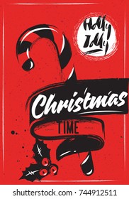 Chalk Christmas card with candy and letting. Red background