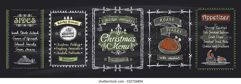 Chalk Christmas menu blackboard designs set. Vector hand drawn illustration with holiday menu - desserts, sides, main dish, appetizer