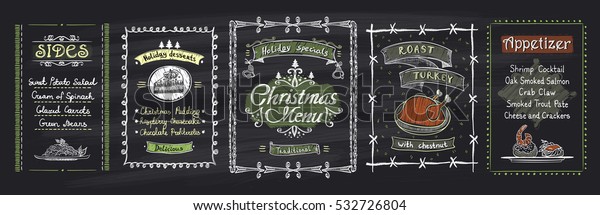 チョーククリスマスメニューの黒板デザインセット ホリデーメニューとベクター手描きのイラスト デザート 側面 メインディッシュ 前菜 のベクター画像素材 ロイヤリティフリー