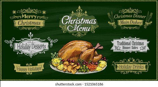 Chalk christmas menu on a green board with traditional roasted turkey and holiday lettering signs set - merry christmas, holiday desserts, happy holidays, christmas dinner and holiday drinks
