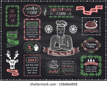 Chalk Christmas menus set, vector hand drawn illustration with holiday menu and chef cook - desserts, breakfast, main dish, appetizers, winter menu