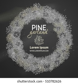Chalk Christmas pine wreath. Vector festive decoration. Hand-drawn pine branches and cones on blackboard background. There is place for your text in the center.