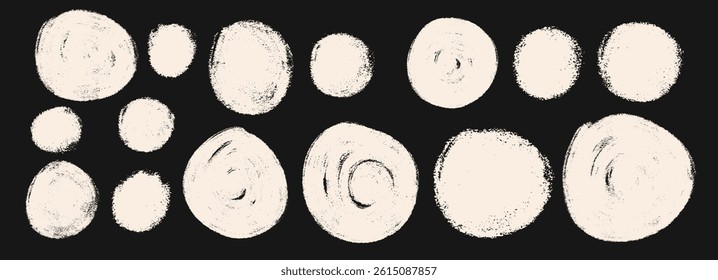 Chalk circle callout set. Polka dots aerosol spray shapes pack. Vector creamy white hand drawn round note figures collection illustration isolated on black background.