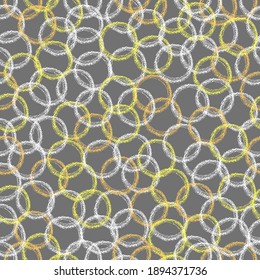 Chalk circle pattern. Crayon style circle print. Children drawing circle hand drawn wax crayons art on grey. Color pastel crayons freehand drawn circle background. Color seamless fabric abstract textu