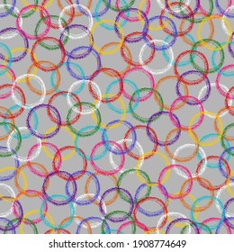 Chalk circle pattern. Crayon style circle print. Children drawing circle hand drawn wax crayons art on grey.Color pastel crayons freehand drawn circle background.Color seamless fabric abstract texture