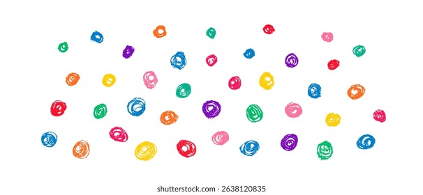 Chalk circles. Abstract color confetti, texture dots. Rounds child scribble. Hand drawn grunge spots set. Pencil or charcoal drawings. Childish fun style. Vector crayon elements isolated