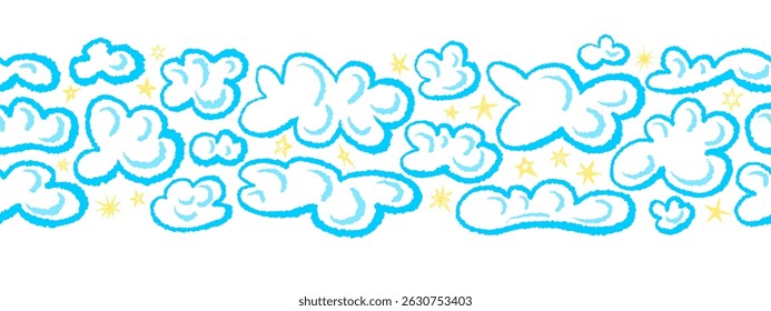 Chalk cloud, golden star seamless pattern. Fluffy sky, bubbles border in naive style. Vector hand drawn kid crayon, wax pencil repeat print on white backdrop. Doodle abstract pastel elements