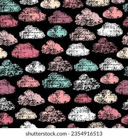 Chalk clouds pattern. Crayon style cloud background. Hand drawn wax crayons art on white backdrop. Chalk style isolated clouds background. Pastel crayons drawn clouds texture. Рainted with paint sky.