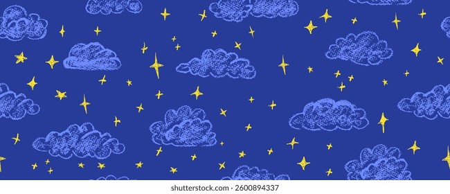Chalk clouds seamless pattern. Midnight sky abstract background with magic stars. Weather symbols drawing with wax pencils. Kids bedroom cute wallpaper. Vector charcoal design elements.