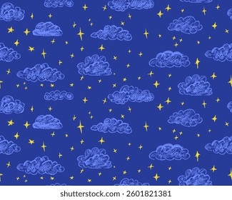 Chalk clouds seamless pattern. Midnight sky abstract background with magic stars. Weather symbols drawing with wax pencils. Kids bedroom cute wallpaper. Vector charcoal design elements.