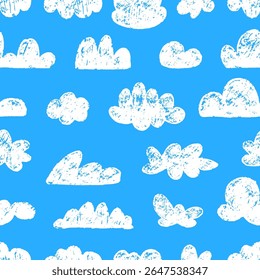 Chalk clouds seamless pattern. White cloud crayon doodle style drawing. Children design, weather nature print for fabric, wallpaper, neoteric vector background