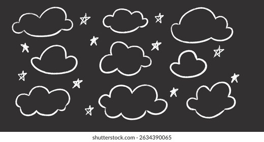 Chalk clouds and stars kid drawing set - white artistic hand drawn style crayon sketched outlines on black background. Childish shapes doodle with grunge texture, naive design elements pack.