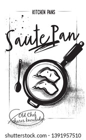 Chalk and Coated style pan for sote. White vintage background. Kitchen appliances. Culinary poster