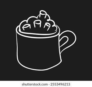 Chalk Cocoa with Marshmallow in Mug on black background. Isolated hot chocolate with Cream. Hand drawn winter Drink in Cup. Home comfort, cozy. Doodle Sketch, outline tableware. Vector illustration