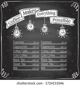 Chalk Coffee Menu Board, Coffee Make Everything Possible Chalkboard Design For Coffee Shop, Hand Drawn Vector Graphic Illustration, Copy Space For Text