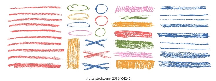 Chalk collage emphasis elements. Crayon underline, oval, rectangle set. Pencil scribble cross, circles pack. Vector hand drawn brush stroke collection illustration on white background.