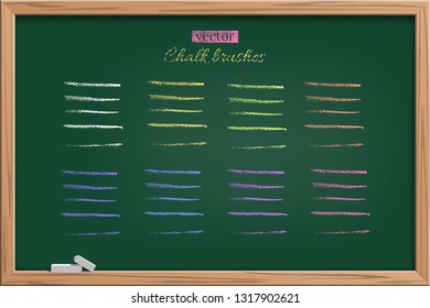 Chalk color brush strokes vector illustration. Charcoal, crayon stripes on chalkboard in frame. Blackboard. Grunge textured white, yellow, pink, blue lines set. Dry pastel color design elements
