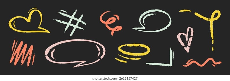 Chalk color hand drawn arrow, marker lines, underlines, crayon brush scribbles, heart, speech bubble, grunge texture, zig zag doodle vector sketch elements.