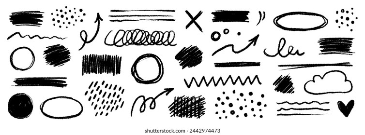 Chalk color pencil texture brush dot stroke vector element. Children crayon color brush stroke texture arrow, circle, underline shape. Hand drawn childish chalk pencil scribble. Vector illustration