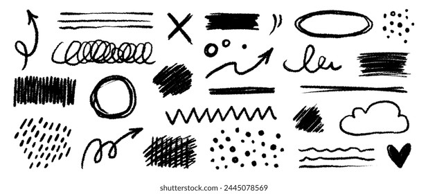 Chalk color pencil texture brush dot stroke vector element. Children crayon color brush stroke texture arrow, circle, underline shape. Hand drawn childish chalk pencil scribble. Vector illustration