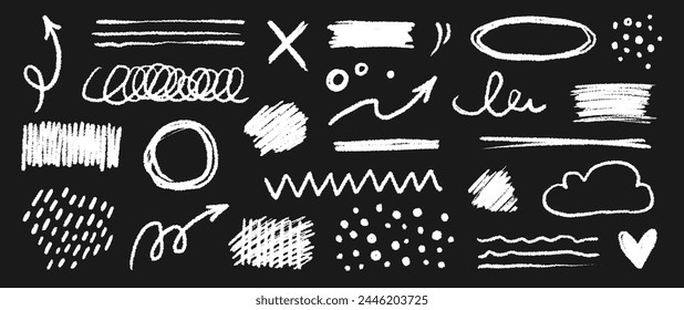 Chalk color pencil texture brush dot stroke vector element. Children crayon color brush stroke texture arrow, circle, underline shape. Hand drawn childish chalk pencil scribble. Vector illustration