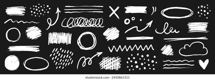 Chalk color pencil texture brush dot stroke vector element. Children crayon color brush stroke texture arrow, circle, underline shape. Hand drawn childish chalk pencil scribble. Vector illustration