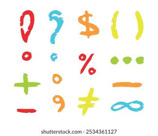 Chalk color punctuation marks, charcoal symbols by pencil, hand drawn lines, parentheses, plus, minus, more, less, question and exclamation marks, infinity, comma, dot, percentage, lines. Kids crayon