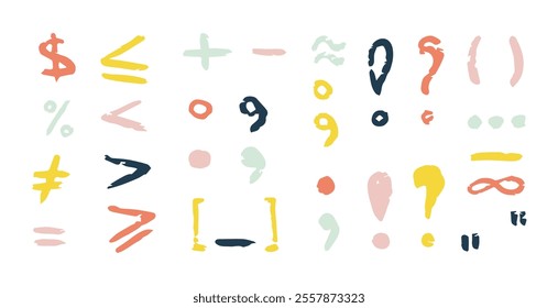 Chalk color punctuation marks, charcoal symbols by pencil, hand drawn lines, parentheses, plus, minus, more, less, question and exclamation marks, infinity, comma, dot, percentage, lines. Grunge