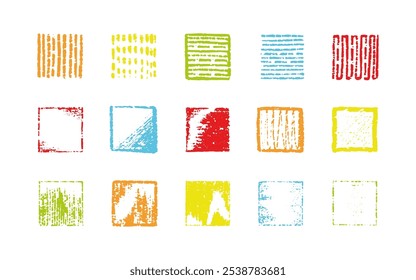 Chalk color squares and boxes. Crayon hand drawn pencil frames. Charcoal brush straight texture. Scribble squares with different filling, full and with horizontal or vertical lines. Kids vector