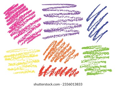 Chalk color strokes isolated on white background. Nice crayon texture for banner, border, text box, divider, backdrop, advertising, social media or other design. Vector illustration. Set.