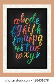 Chalk colorful hand drawn latin calligraphy brush script of lowercase letters on the blackboard. Calligraphic alphabet. Vector illustration
