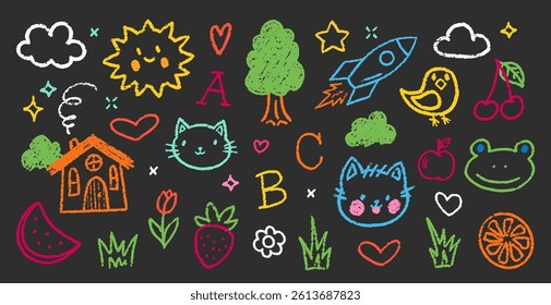 Chalk Colorful Kindergarten Squiggles Vector Set. Crayon Pencil Scribble Spring Shapes Collection. Hand Drawn Brush Texture Flowers, Animals, Hearts Squiggles. Pencil Childish Girly Charcoal Doodles