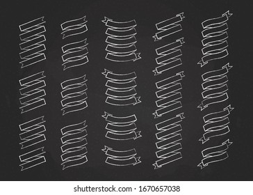 Chalk contour blank label ribbon vector set illustration. Vintage design white chalk style curly ribbon labels and curved scroll flags or sticker banners with blank space for holiday promo marketing