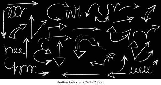 Chalk crayon arrows collection - hand sketched white doodle swirls, curved lines, pointers on blackboard. Chaotic artistic scribbles. 