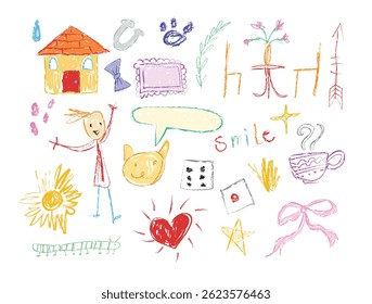 Chalk, crayon Doodle kid drawing. Messy scribble book illustration art