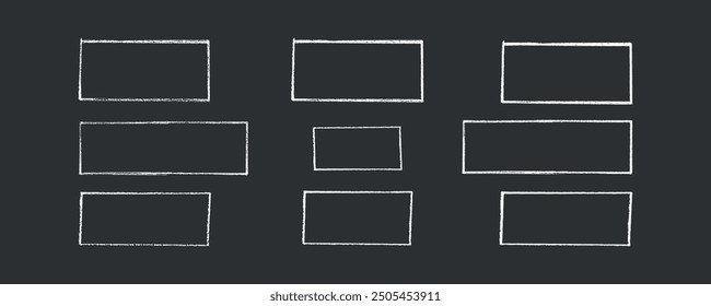 Chalk or crayon hand drawing frames set. Grunge rectangle and square shape. Vector stock illustration isolated on black background for design template social media files, print and photo materials.