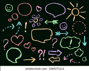 Chalk Or Crayon Hand Drawing Funny Doodle Speech Bubbles, Arrows, Heart Shape, Smile, Sign, Symbol Set On Chalkboard. ?olorful Design Element Like Kid`s Style. Vector Art Stroke Texture On Black Board